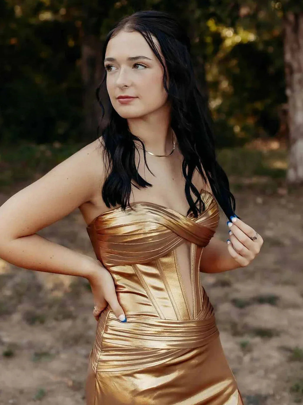 Bencelina | Robe longue de bal verte métallique sirène à décolleté en cœur avec fente