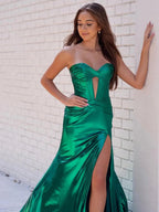 Bencelina | Robe longue de bal verte métallique sirène à décolleté en cœur avec fente