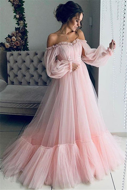 Bestes langes schulterfreies A-Linien-Ballkleid aus Tüll mit Ärmeln