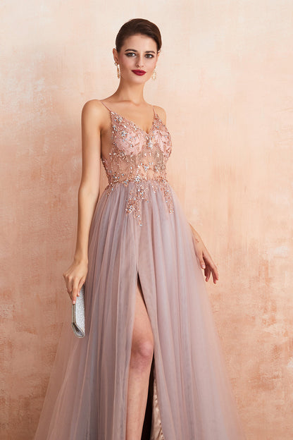 Bestes langes ärmelloses A-Linien-Ballkleid aus Tüll mit V-Ausschnitt und Schlitz