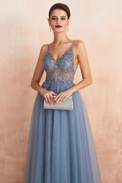 Bestes langes ärmelloses A-Linien-Ballkleid aus Tüll mit V-Ausschnitt und Schlitz