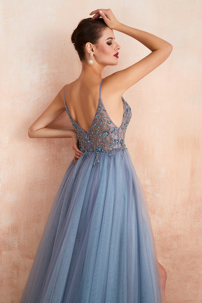 Bestes langes ärmelloses A-Linien-Ballkleid aus Tüll mit V-Ausschnitt und Schlitz