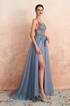 Meilleure robe de bal longue en tulle sans manches à encolure en V et coupe évasée avec fente