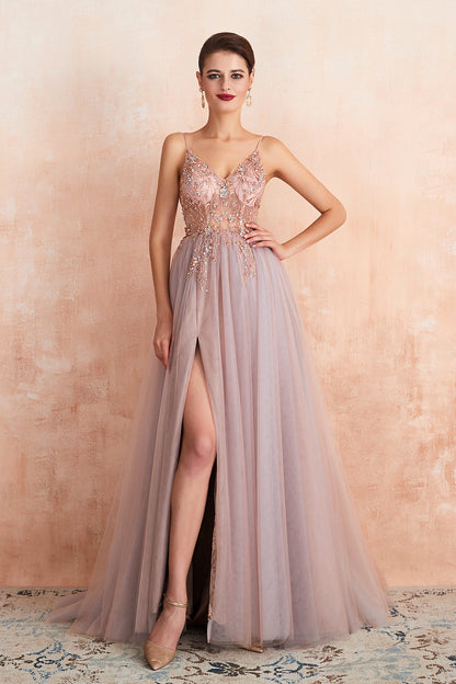 Bestes langes ärmelloses A-Linien-Ballkleid aus Tüll mit V-Ausschnitt und Schlitz
