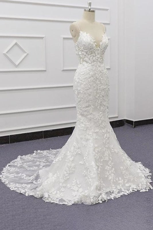 Meilleures appliques à bretelles spaghetti robe de mariée élégante sirène
