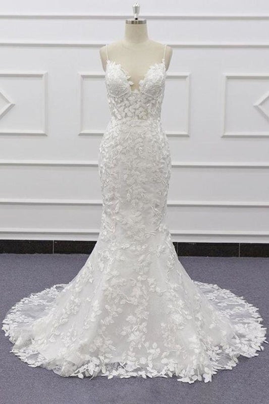 Meilleures appliques à bretelles spaghetti robe de mariée élégante sirène