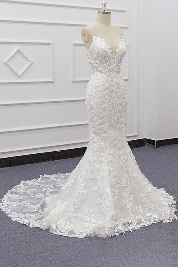 Meilleure robe de mariée sirène avec appliques et bretelles spaghetti