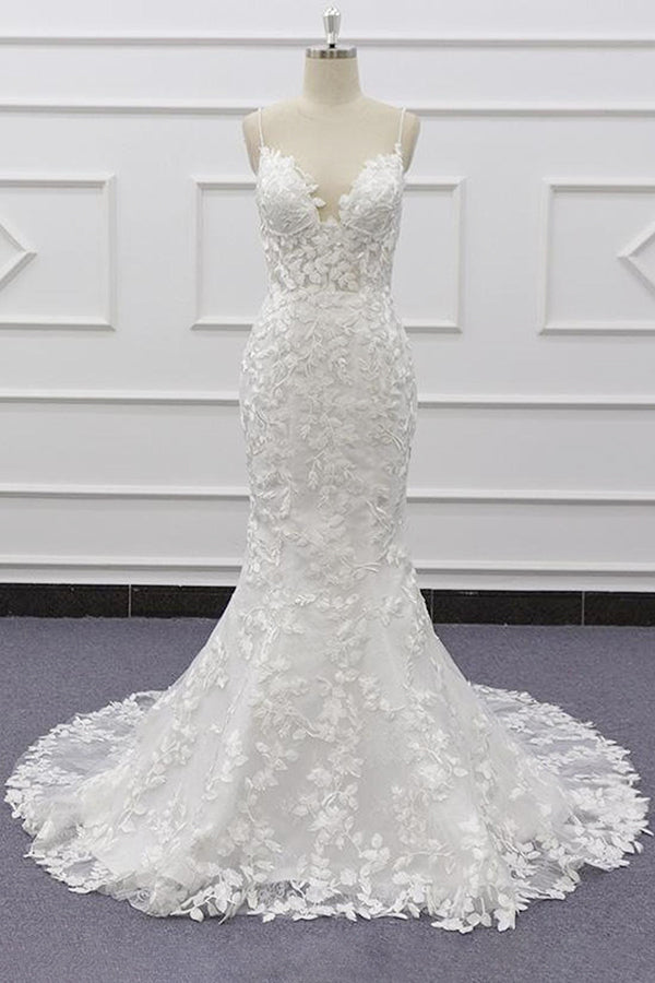 Meilleure robe de mariée sirène avec appliques et bretelles spaghetti