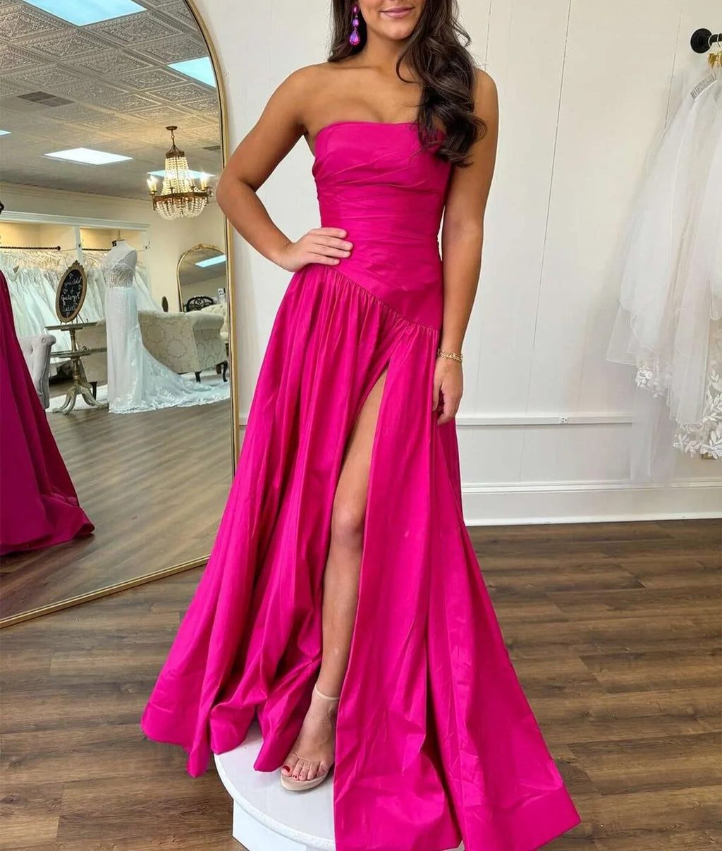 Beth | Vestido largo formal sin tirantes de tafetán fucsia en línea A