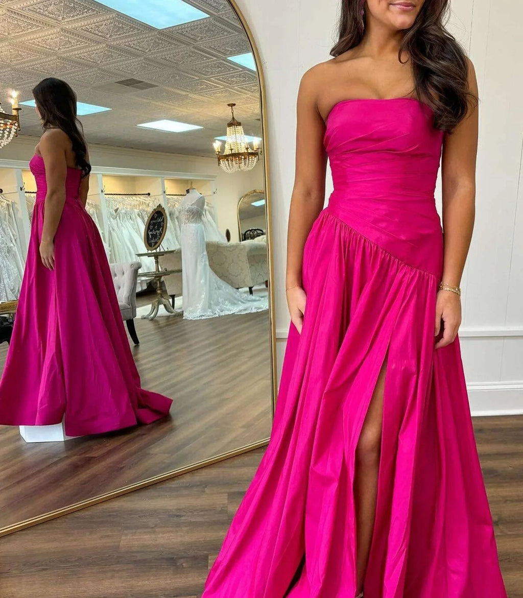 Beth | Vestido largo formal sin tirantes de tafetán fucsia en línea A