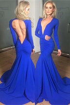 Sexy Regal Sapphire Long Sleeve Deep V-Neck Open Back Mermaid Dress