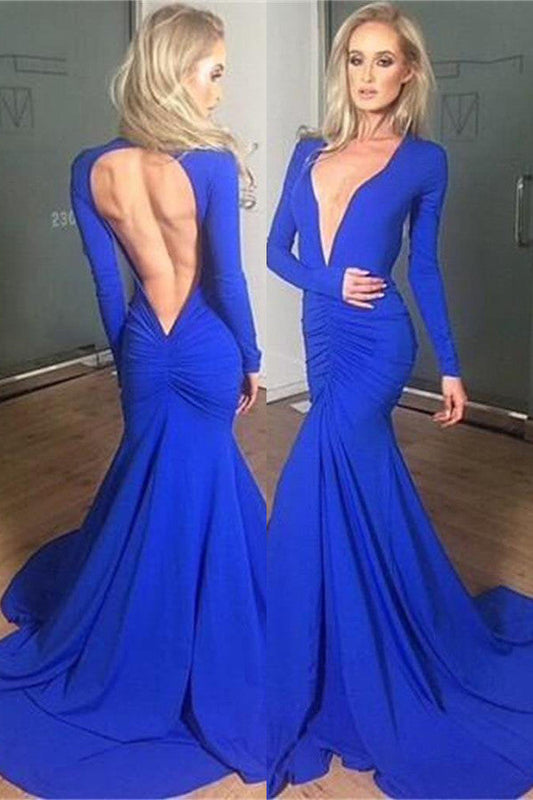 Sexy Regal Sapphire Langarm-Meerjungfrauenkleid mit tiefem V-Ausschnitt und offenem Rücken