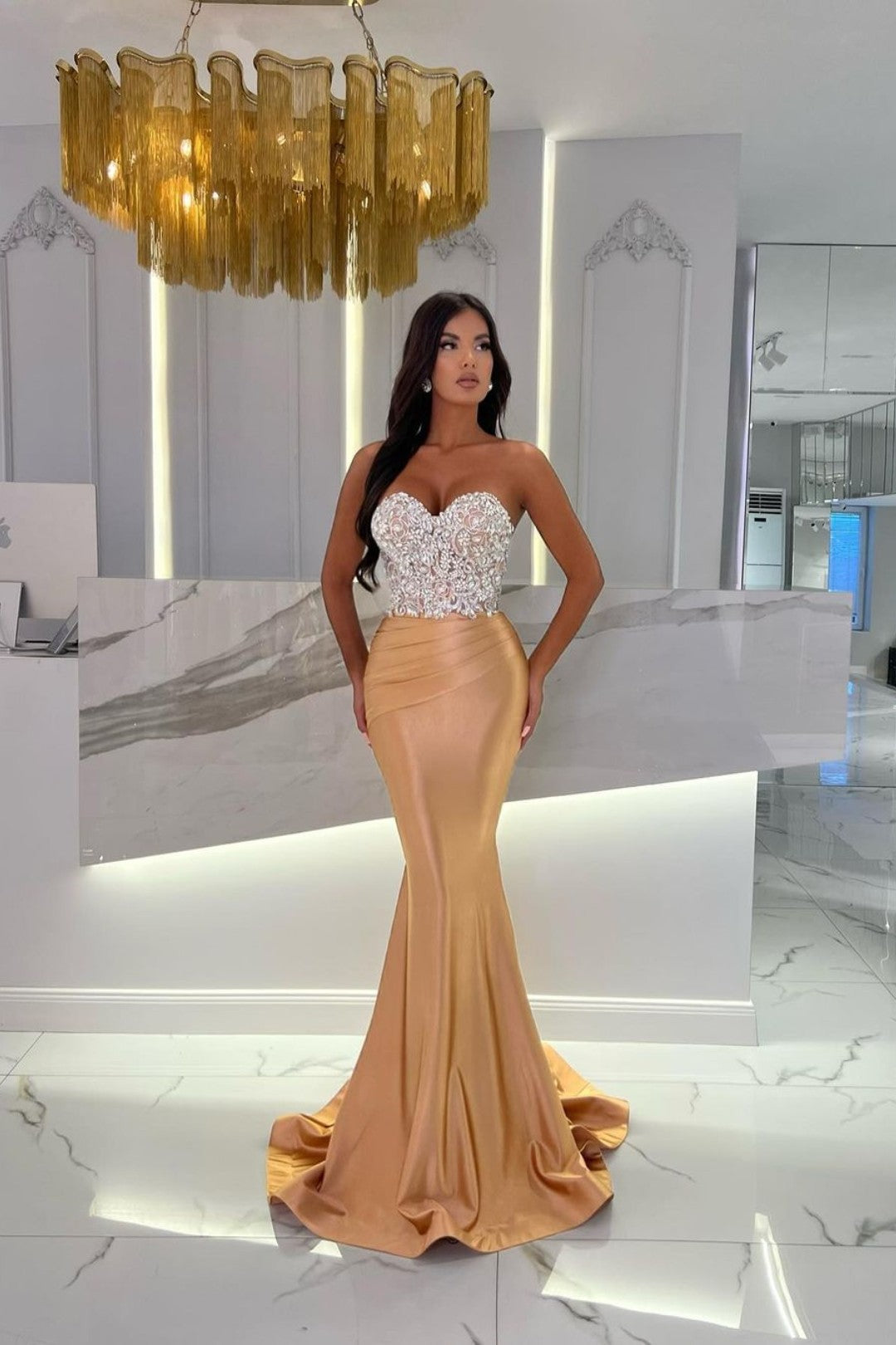 Gold Satin Prom Dress Sweetheart Floor Length Rhinestone Mermaid