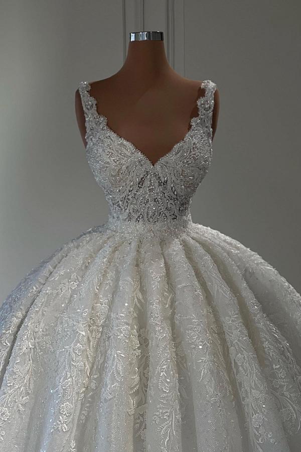 Bmbridal V Neck Sleeveless Lace Appliques Ball Gown Wedding Dress