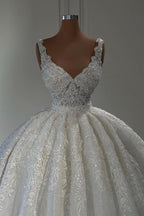 Bmbridal V Neck Sleeveless Lace Appliques Ball Gown Wedding Dress