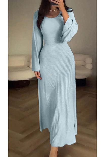 Vestido largo elástico de manga larga acampanada con canalé y elegante diseño cómodo 