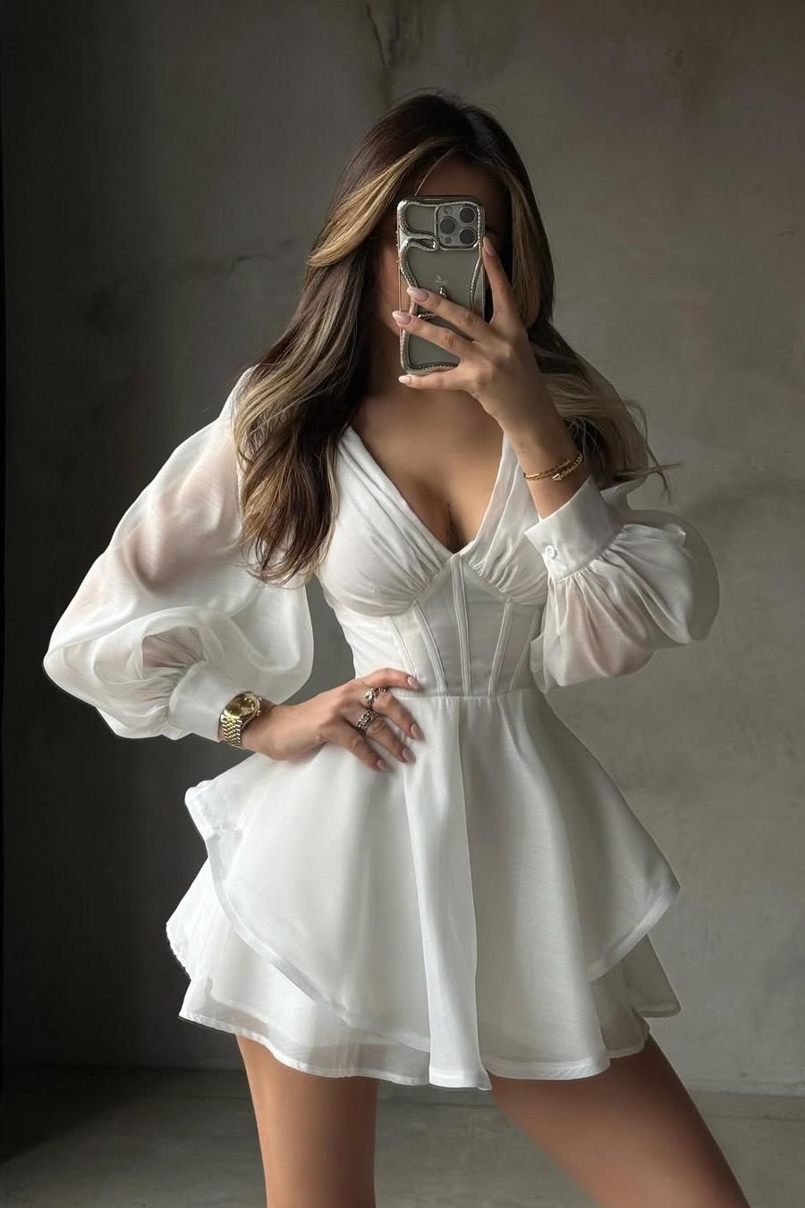 White Long Sleeve V Neck Short Prom Dress With Ruffles Pleated