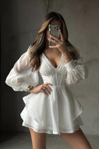 White Long Sleeve V Neck Short Prom Dress With Ruffles Pleated