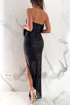 Abito Midi Sdraietto con Spalle Scoperte, Paillettes, Drappeggi e Spacco