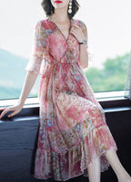 Abito lungo estivo in chiffon stampato rosa bohemien con scollo a V