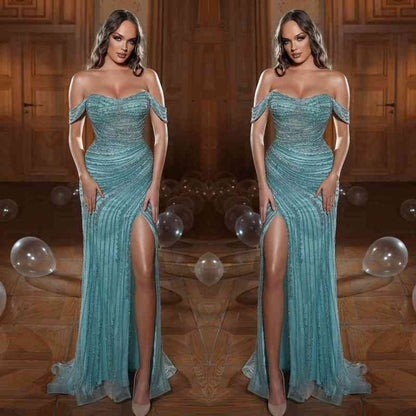 Vestidos de fiesta largos de sirena con hombros descubiertos, tul, cuentas y lentejuelas con abertura