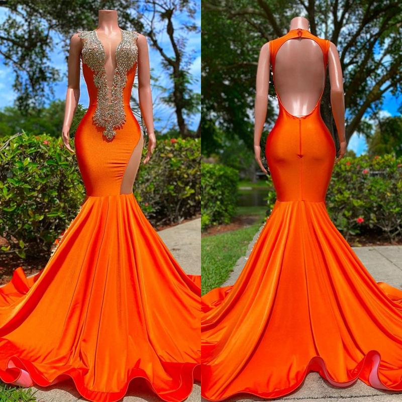 Orange Long V Neckline Sleeveless Beads Mermaid Backless Prom Dresses