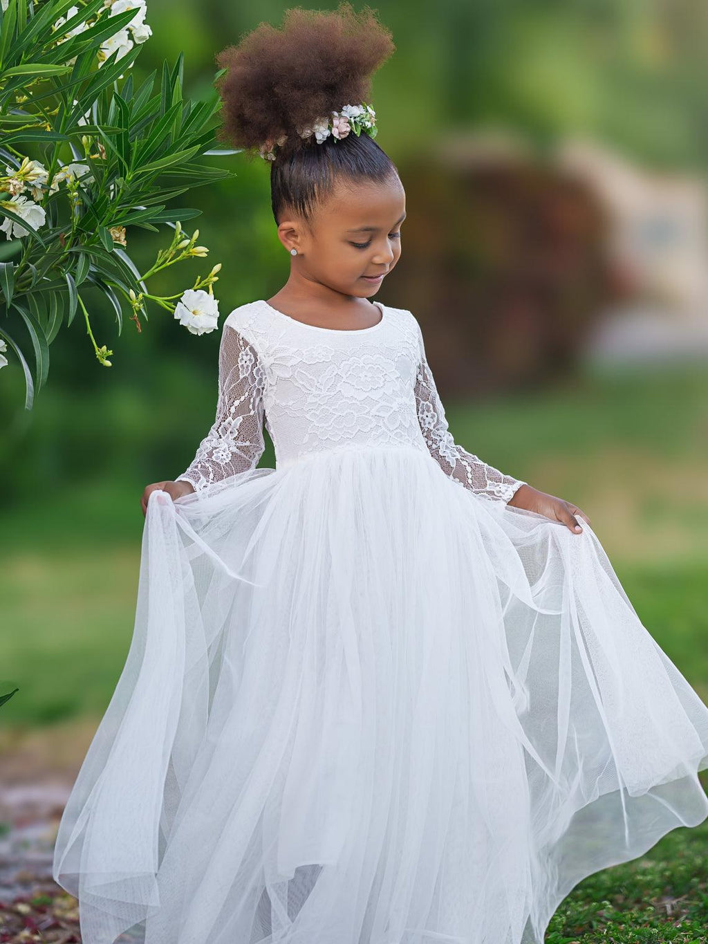 Ivory Peony Lace Long Sleeve A Line Tulle Tutu Flower Girl Party Dress