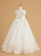 Ivory Lace Flower Girl Dress Tulle Floor Length Sleeveless Gown