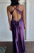 Vestido de noite longo roxo com decote em V e costas descobertas Vestido de baile Vestido de festa Y7520