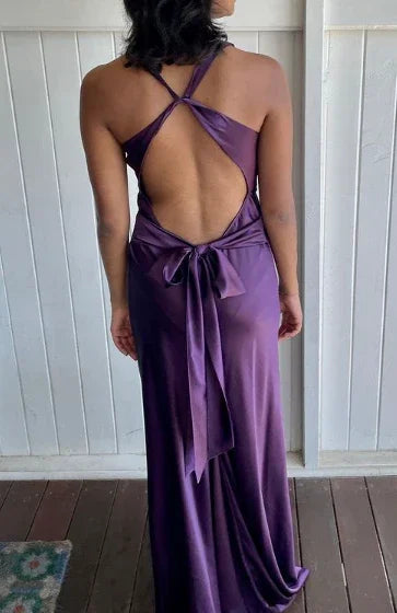 Vestido de noite longo roxo com decote em V e costas descobertas Vestido de baile Vestido de festa Y7520