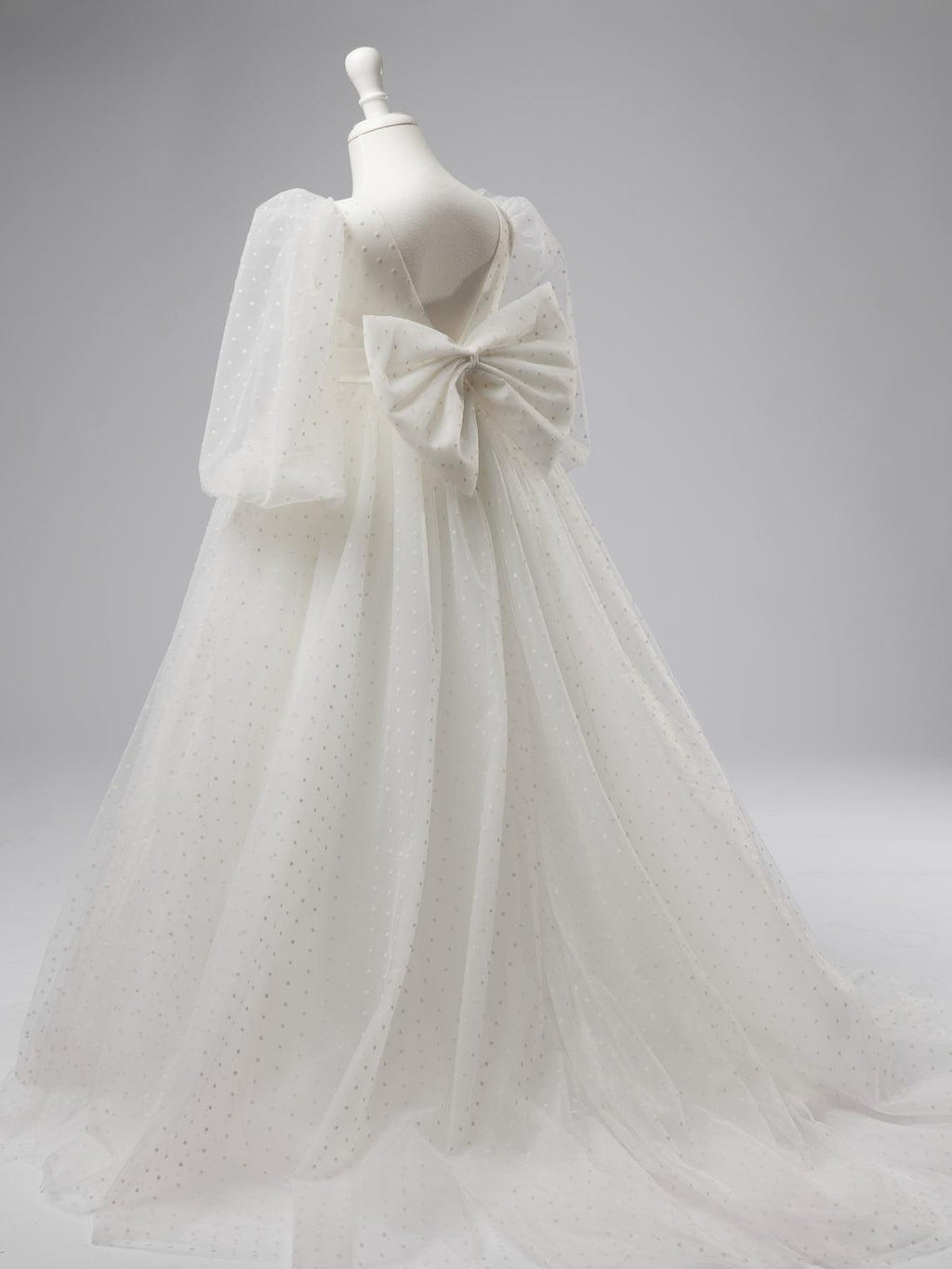 Ivory Polka Dot Tulle Puff Sleeve Sweep Train First Communion Flower Girl Dress