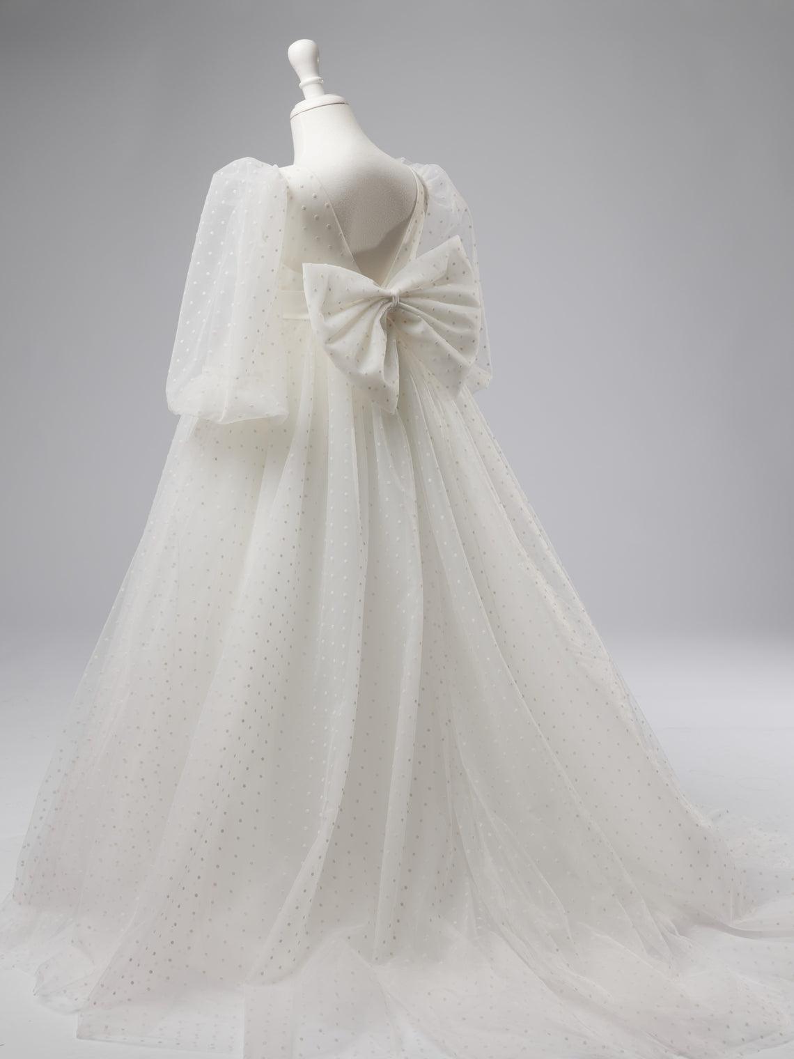 Ivory Polka Dot Tulle Puff Sleeve Sweep Train First Communion Flower Girl Dress