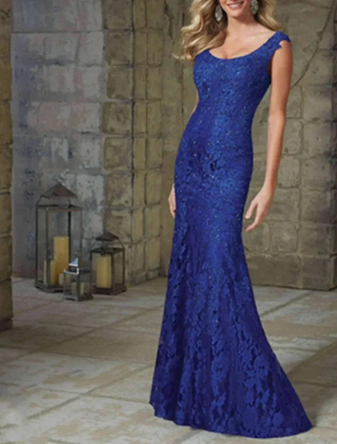 Vestido de Festa Sereia Elegante Floral para Convidada de Casamento Vestido Formal de Noite Decote Redondo Sem Mangas Comprimento Até ao Chão em Renda com Padrão / Estampa com Inserção de Renda
