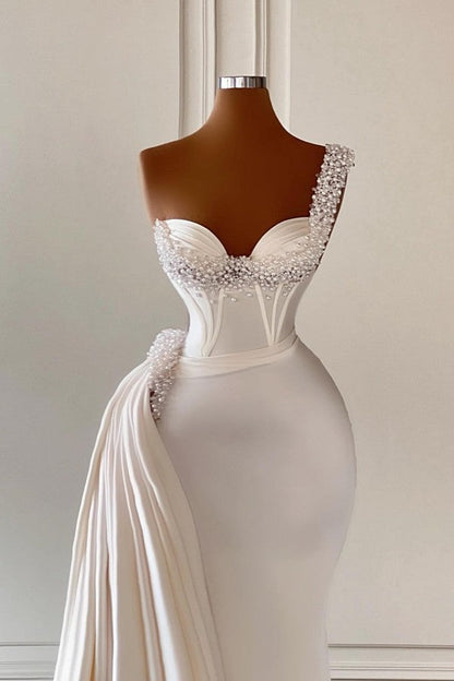 Vestido de fiesta de sirena con escote corazón y un hombro, encantador, con volantes, de Biztunnel