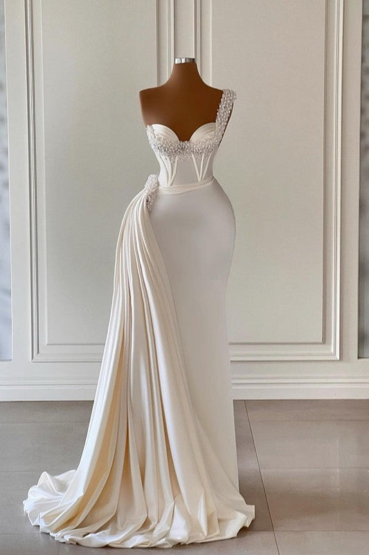 Vestido de fiesta de sirena con escote corazón y un hombro, encantador, con volantes, de Biztunnel
