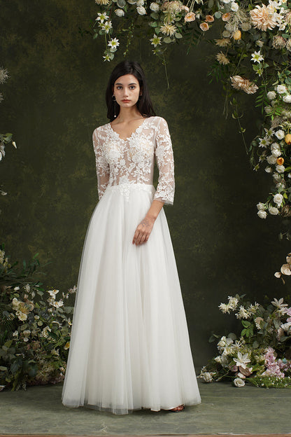 Vestidos de novia largos de gasa con escote en forma de A y mangas de Biztunnel