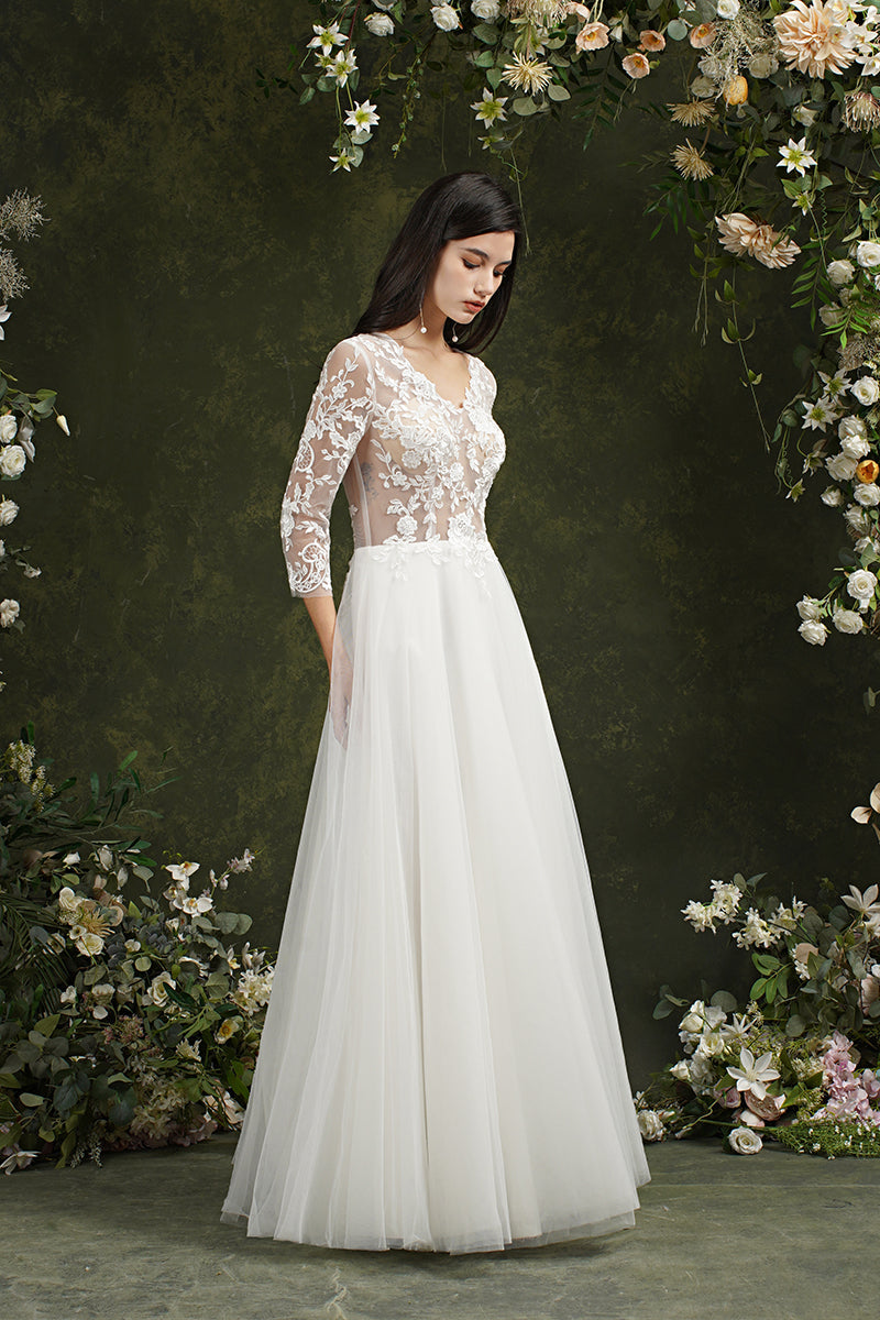 Vestidos de novia largos de gasa con escote en forma de A y mangas de Biztunnel