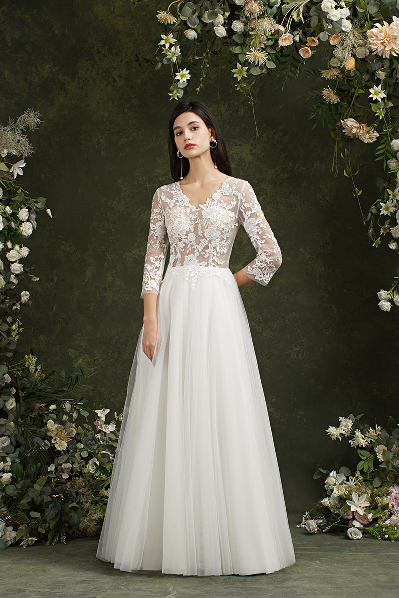 Vestidos de novia largos de gasa con escote en forma de A y mangas de Biztunnel