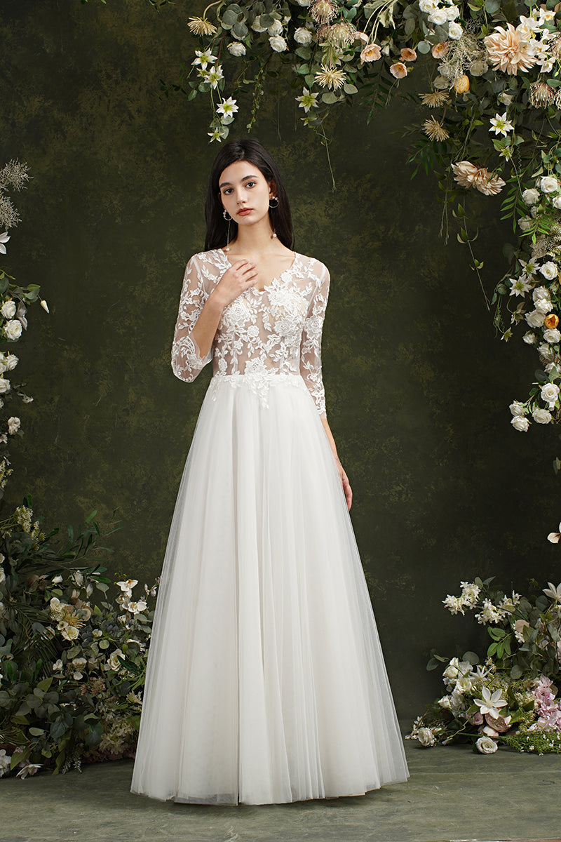 Vestidos de novia largos de gasa con escote en forma de A y mangas de Biztunnel