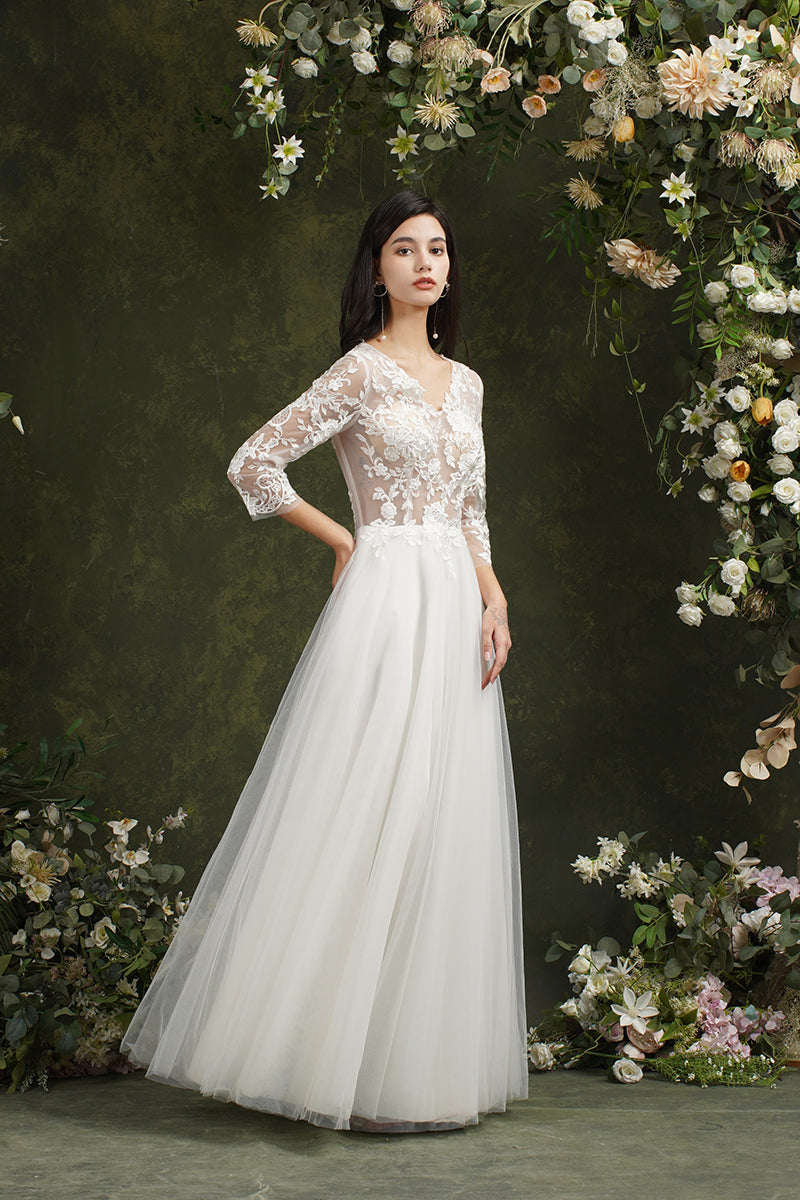 Vestidos de novia largos de gasa con escote en forma de A y mangas de Biztunnel