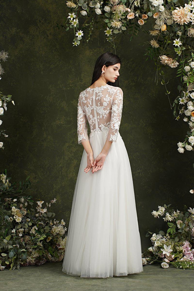 Vestidos de novia largos de gasa con escote en forma de A y mangas de Biztunnel