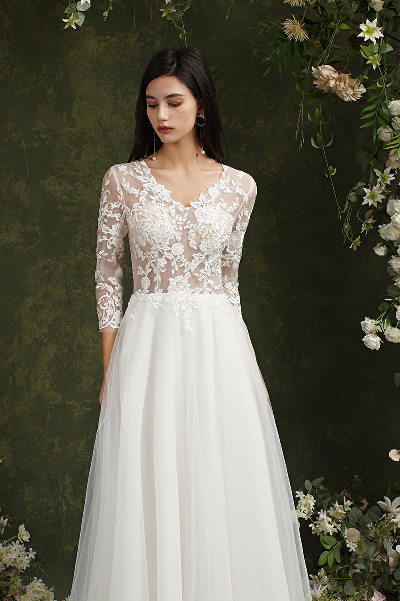 Vestidos de novia largos de gasa con escote en forma de A y mangas de Biztunnel