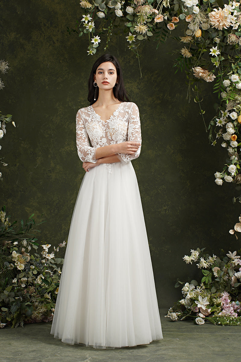 Vestidos de novia largos de gasa con escote en forma de A y mangas de Biztunnel