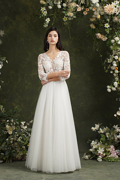 Vestidos de novia largos de gasa con escote en forma de A y mangas de Biztunnel