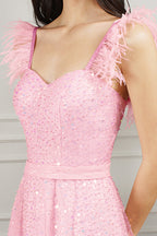 Biztunnel Rosa Kurzes A-Linie Herzausschnitt Tüll Perlenbesetztes Ballkleid