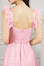 Biztunnel Rosa Kurzes A-Linie Herzausschnitt Tüll Perlenbesetztes Ballkleid