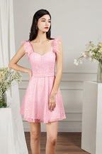 Biztunnel Rosa Kurzes A-Linie Herzausschnitt Tüll Perlenbesetztes Ballkleid