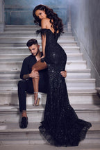 Biztunnel Elegante Abito da Cerimonia Nero a Sirena, Senza Spalline, con Spalle Scoperte, Spacco Frontale e Pizzo