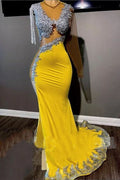 Abito da cerimonia giallo Biztunnel lungo a sirena con gioielli, tulle e raso, con maniche