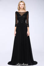 Robe de demoiselle d'honneur noire à perles, manches trois quarts, appliques en ligne trapézoïdale, robe de fête en tulle